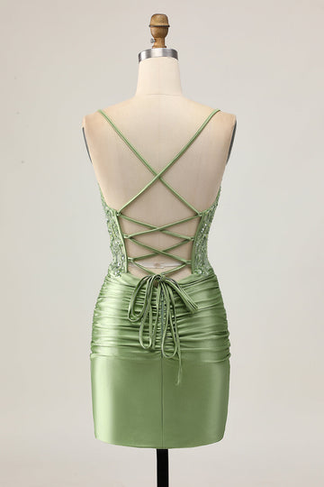 Bodycon Sequins Ruched Sage Green Short Cocktail Dress